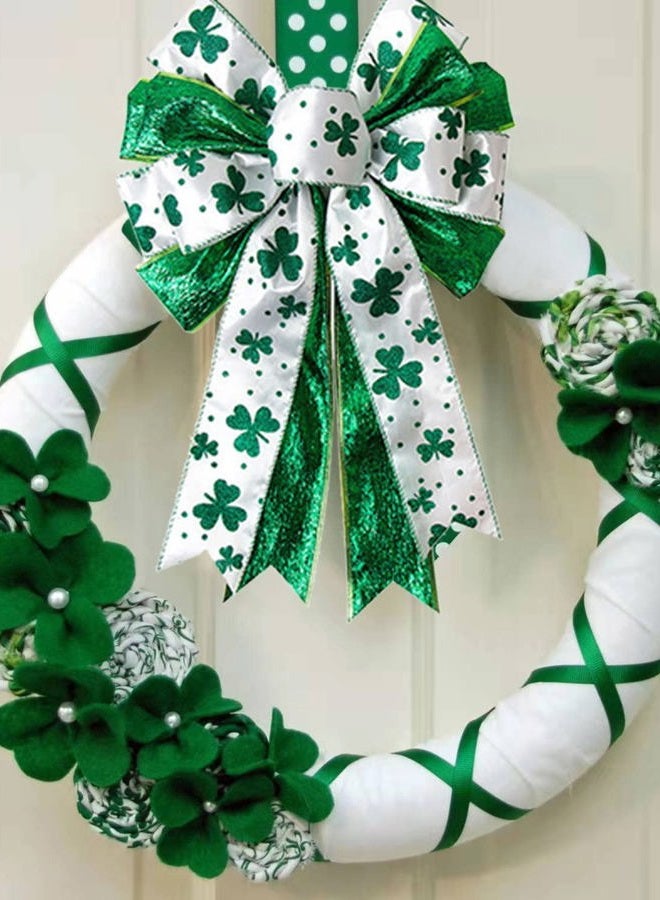 Hongsome St Patricks Day Bow for Wreath Decorations,11.4 * 19.6in Large White Green Glitter Shamrock Bowknot Irish Holiday Crafts Bows for Tree Topper Front Door Outdoor Outside - Image 4