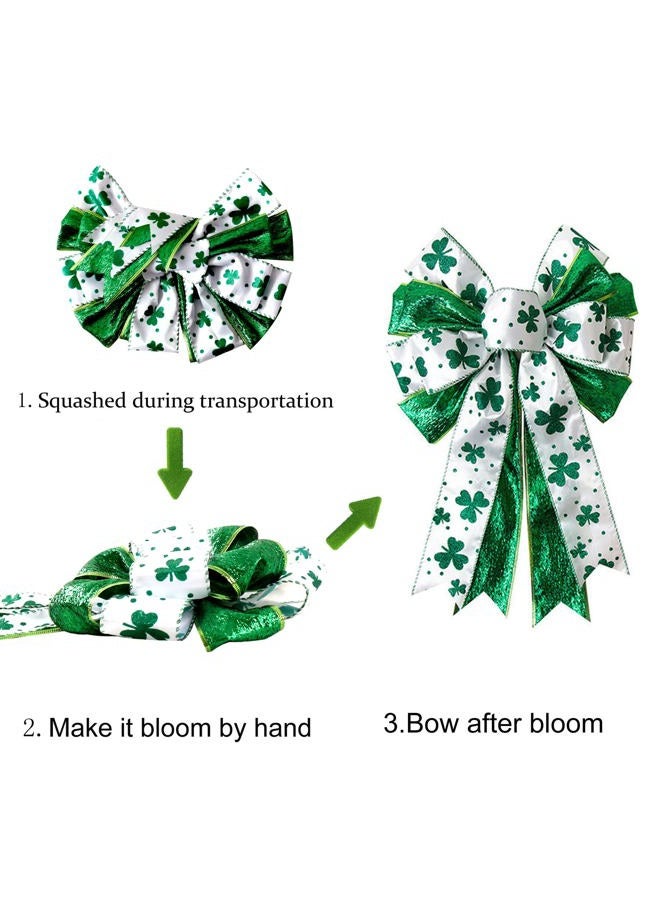 Hongsome St Patricks Day Bow for Wreath Decorations,11.4 * 19.6in Large White Green Glitter Shamrock Bowknot Irish Holiday Crafts Bows for Tree Topper Front Door Outdoor Outside - Image 3