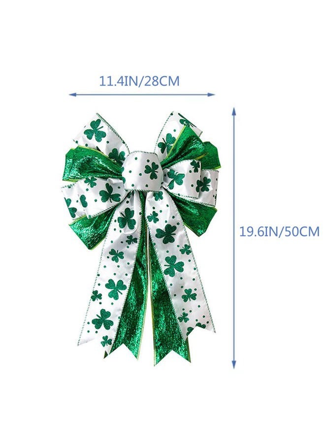 Hongsome St Patricks Day Bow for Wreath Decorations,11.4 * 19.6in Large White Green Glitter Shamrock Bowknot Irish Holiday Crafts Bows for Tree Topper Front Door Outdoor Outside - Image 2