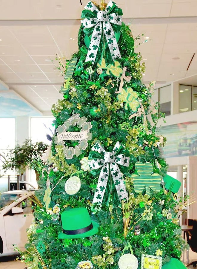 Hongsome St Patricks Day Bow for Wreath Decorations,11.4 * 19.6in Large White Green Glitter Shamrock Bowknot Irish Holiday Crafts Bows for Tree Topper Front Door Outdoor Outside - Image 5