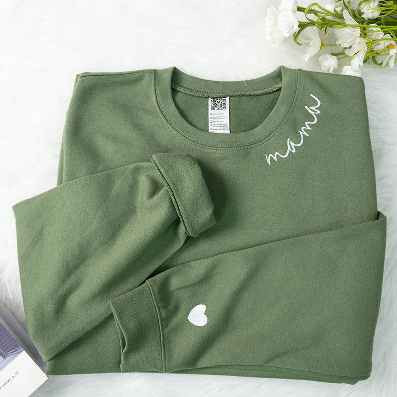 IZI POD - Mama Mom Mommy Embroidered Crewneck Sweatshirt Heart On Sleeve for Women - Gifts For New Mom Mama Birthday Christmas Mothers Day Valentine Embroidery Pullover Sweater Shirt Military Green - Image 5