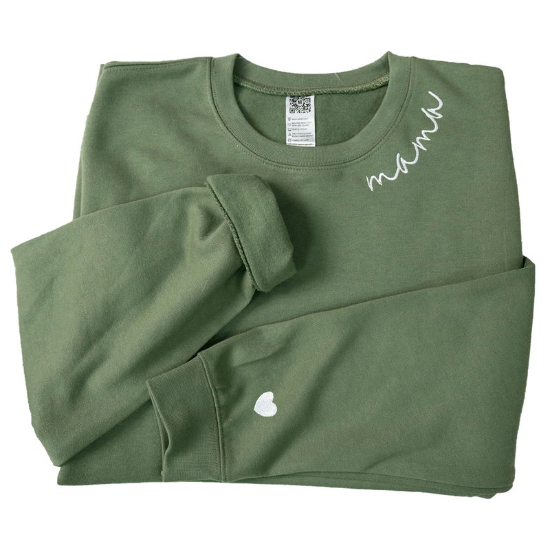 IZI POD - Mama Mom Mommy Embroidered Crewneck Sweatshirt Heart On Sleeve for Women - Gifts For New Mom Mama Birthday Christmas Mothers Day Valentine Embroidery Pullover Sweater Shirt Military Green - Image 1