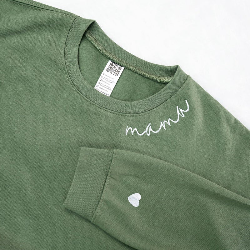 IZI POD - Mama Mom Mommy Embroidered Crewneck Sweatshirt Heart On Sleeve for Women - Gifts For New Mom Mama Birthday Christmas Mothers Day Valentine Embroidery Pullover Sweater Shirt Military Green - Image 4