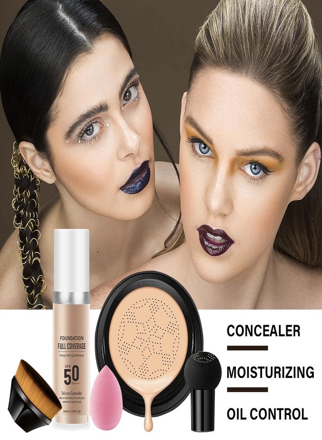 Fusang 2PCS Mushroom Head Air Cushion CC Cream, Moisturizing Lasting Oil Control BB Cream for All Skin Types, Full Coverage Concealer Liquid Foundation Face Makeup Set with Foundation Brush & Makeup Sponge D - Image 2