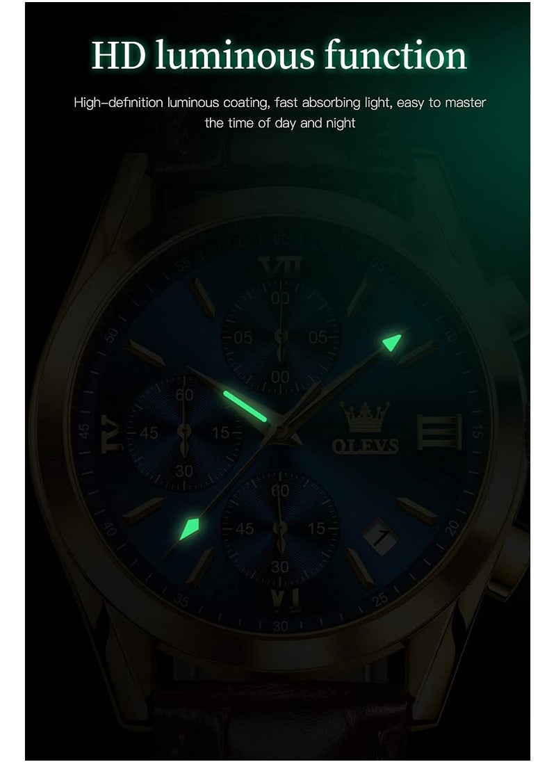 OLEVS OLEVS Men's Chronograph Quartz Watches, Leather Strap Gold Case with Day Date, Waterproof Stainless Steel Wrist Watch, Luminous Watches for Men, Fashion, Leisure  - Image 4