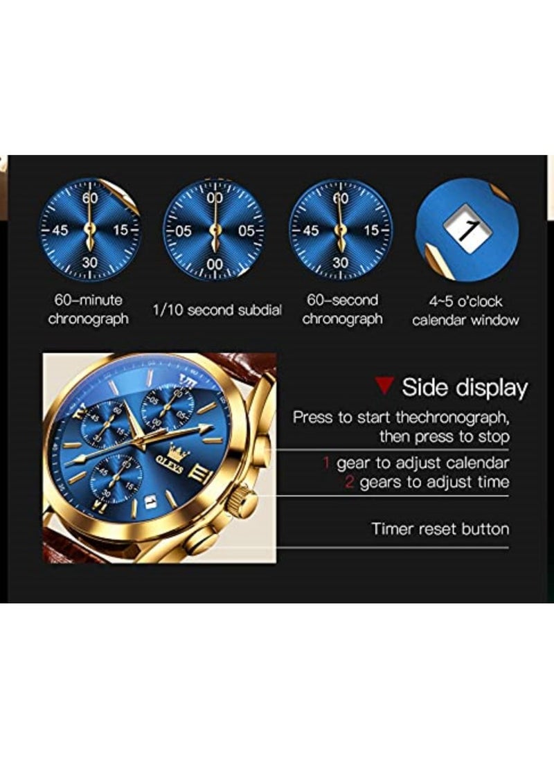 OLEVS OLEVS Men's Chronograph Quartz Watches, Leather Strap Gold Case with Day Date, Waterproof Stainless Steel Wrist Watch, Luminous Watches for Men, Fashion, Leisure  - Image 3