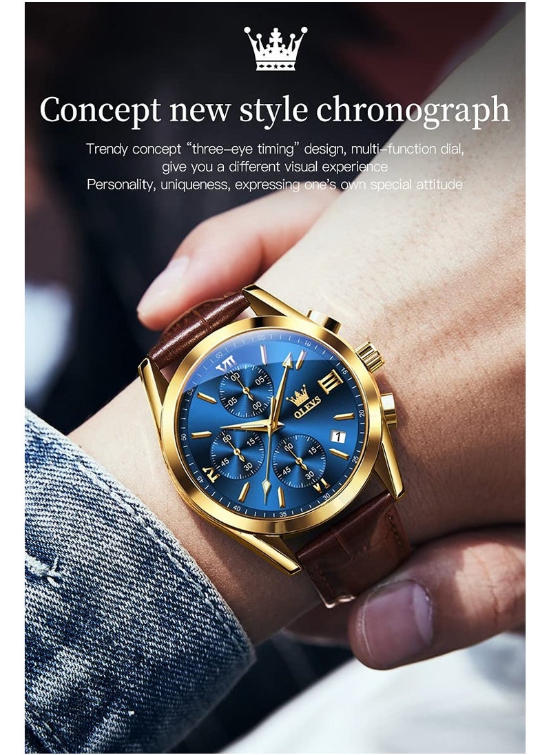 OLEVS OLEVS Men's Chronograph Quartz Watches, Leather Strap Gold Case with Day Date, Waterproof Stainless Steel Wrist Watch, Luminous Watches for Men, Fashion, Leisure  - Image 2