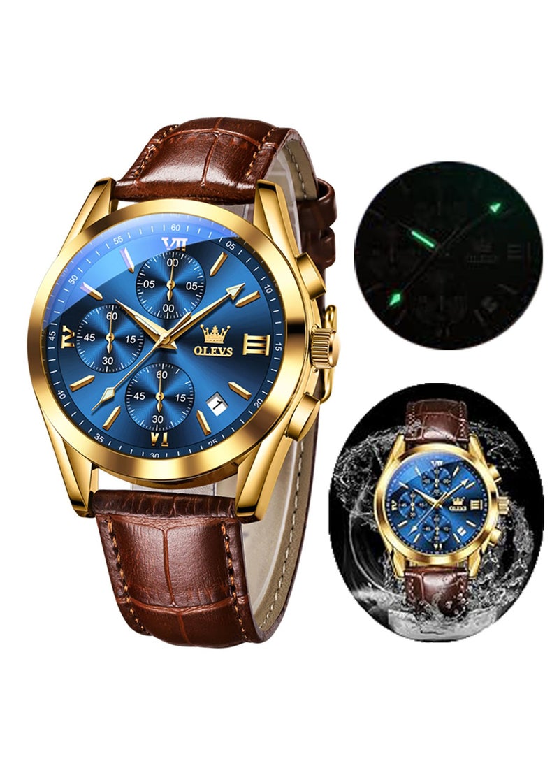 OLEVS OLEVS Men's Chronograph Quartz Watches, Leather Strap Gold Case with Day Date, Waterproof Stainless Steel Wrist Watch, Luminous Watches for Men, Fashion, Leisure  - Image 1