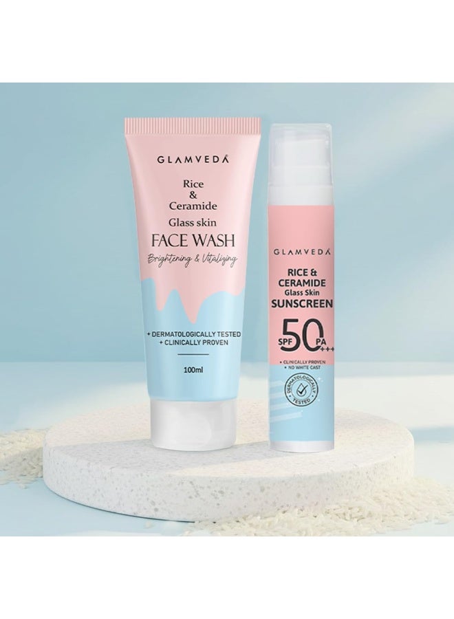 Glamveda Korean Rice & Ceramide Face Wash & Sunscreen SPF 50 PA+++ Combo | Skin Brightening, Hydrating & Barrier Repair | For Dry & Sensitive Skin | Men & Women - Image 1