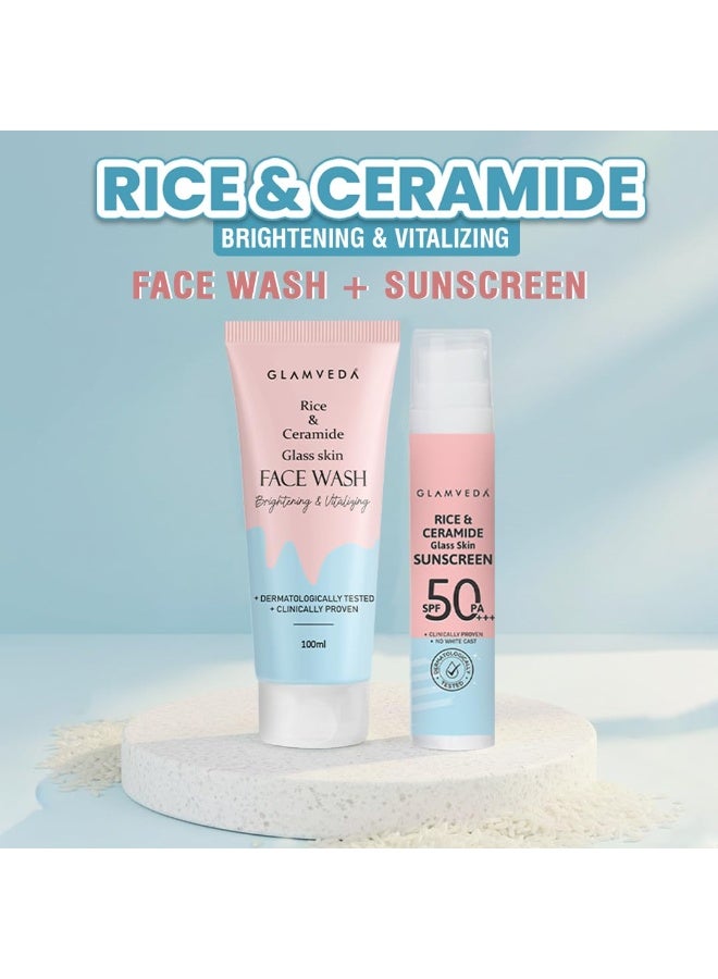 Glamveda Korean Rice & Ceramide Face Wash & Sunscreen SPF 50 PA+++ Combo | Skin Brightening, Hydrating & Barrier Repair | For Dry & Sensitive Skin | Men & Women - Image 4