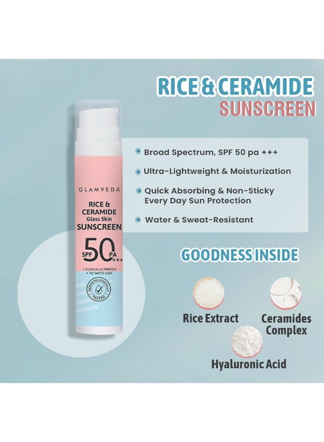 Glamveda Korean Rice & Ceramide Face Wash & Sunscreen SPF 50 PA+++ Combo | Skin Brightening, Hydrating & Barrier Repair | For Dry & Sensitive Skin | Men & Women - Image 3