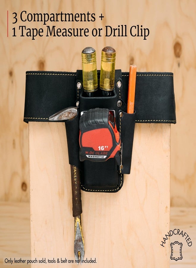 FESA Small Leather Tool Pouch - 4-in-1 Heavy Top Grain Leather Small Tool Pouch with a Steel Tape Measure Clip, 3 Pockets & Reinforced Heavy Duty Rivets - Fits Belts up to 3" - Handcrafted (Black) - Image 3