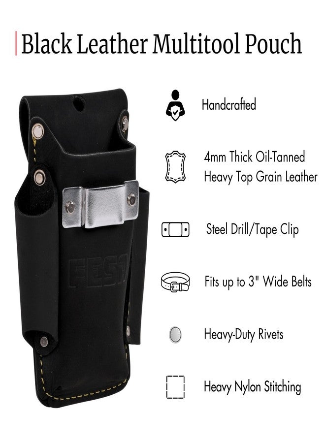 FESA Small Leather Tool Pouch - 4-in-1 Heavy Top Grain Leather Small Tool Pouch with a Steel Tape Measure Clip, 3 Pockets & Reinforced Heavy Duty Rivets - Fits Belts up to 3" - Handcrafted (Black) - Image 2