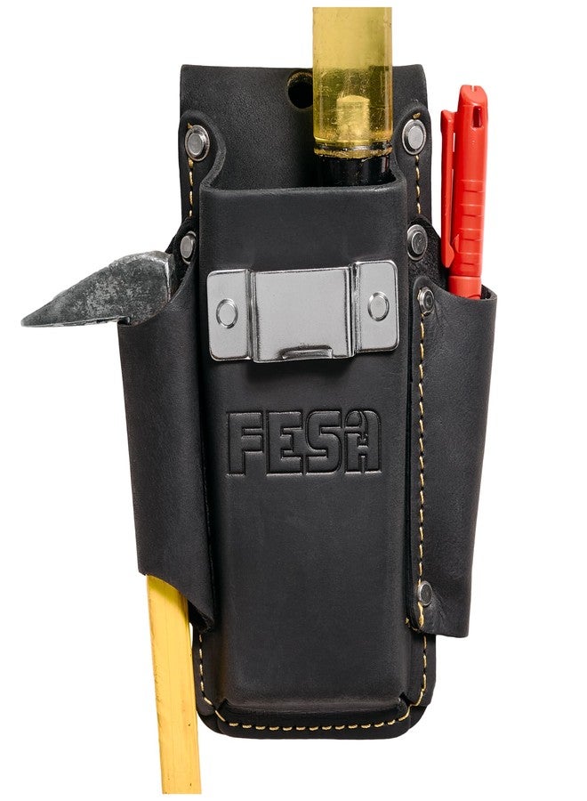 FESA Small Leather Tool Pouch - 4-in-1 Heavy Top Grain Leather Small Tool Pouch with a Steel Tape Measure Clip, 3 Pockets & Reinforced Heavy Duty Rivets - Fits Belts up to 3" - Handcrafted (Black) - Image 1