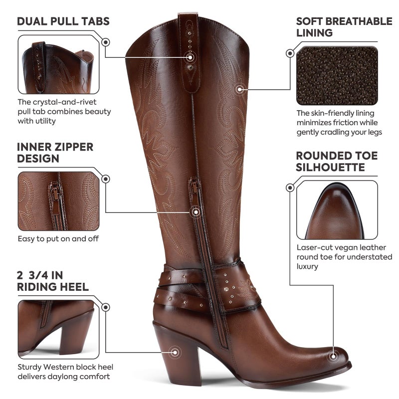 Rollda Cowboy Boots for Women, Cowgirl Boots Knee High, Ladies Tall Western Boots Rounded Toe Chunky Heel Pull on Zipper for Country Concert Party Women Boots Brown Size 8 - Image 5