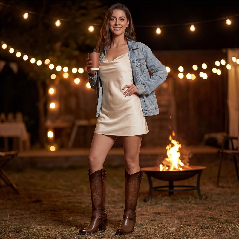Rollda Cowboy Boots for Women, Cowgirl Boots Knee High, Ladies Tall Western Boots Rounded Toe Chunky Heel Pull on Zipper for Country Concert Party Women Boots Brown Size 8 - Image 2