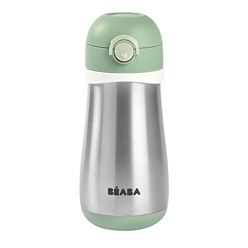 BÉABA BEABA Kids Stainless Steel Insulated Water Bottle, Kids Water Bottle, Toddler Thermos with Spill Proof Spout and Close Top, Perfect for Travel, (Sage) - Image 1