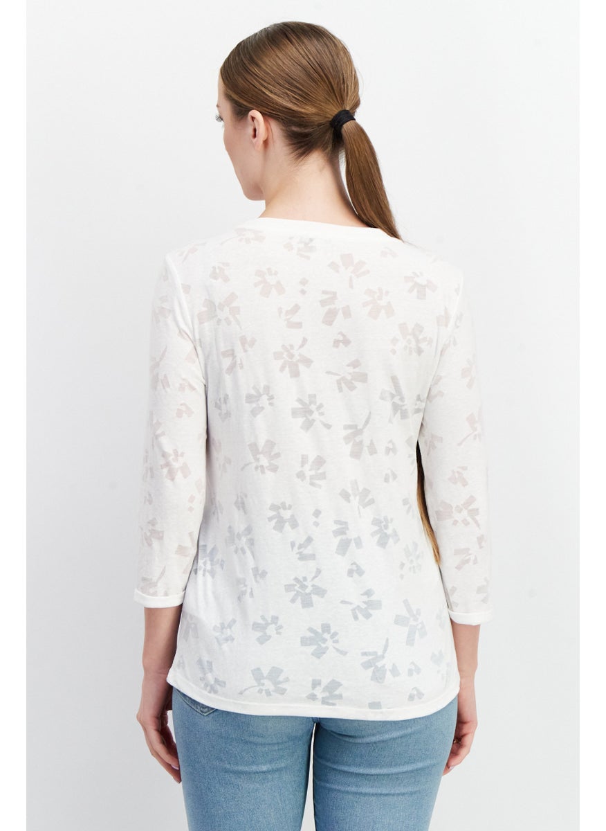 EDC Women Round Neck Long Sleeves Allover Print Top, White  - Image 4