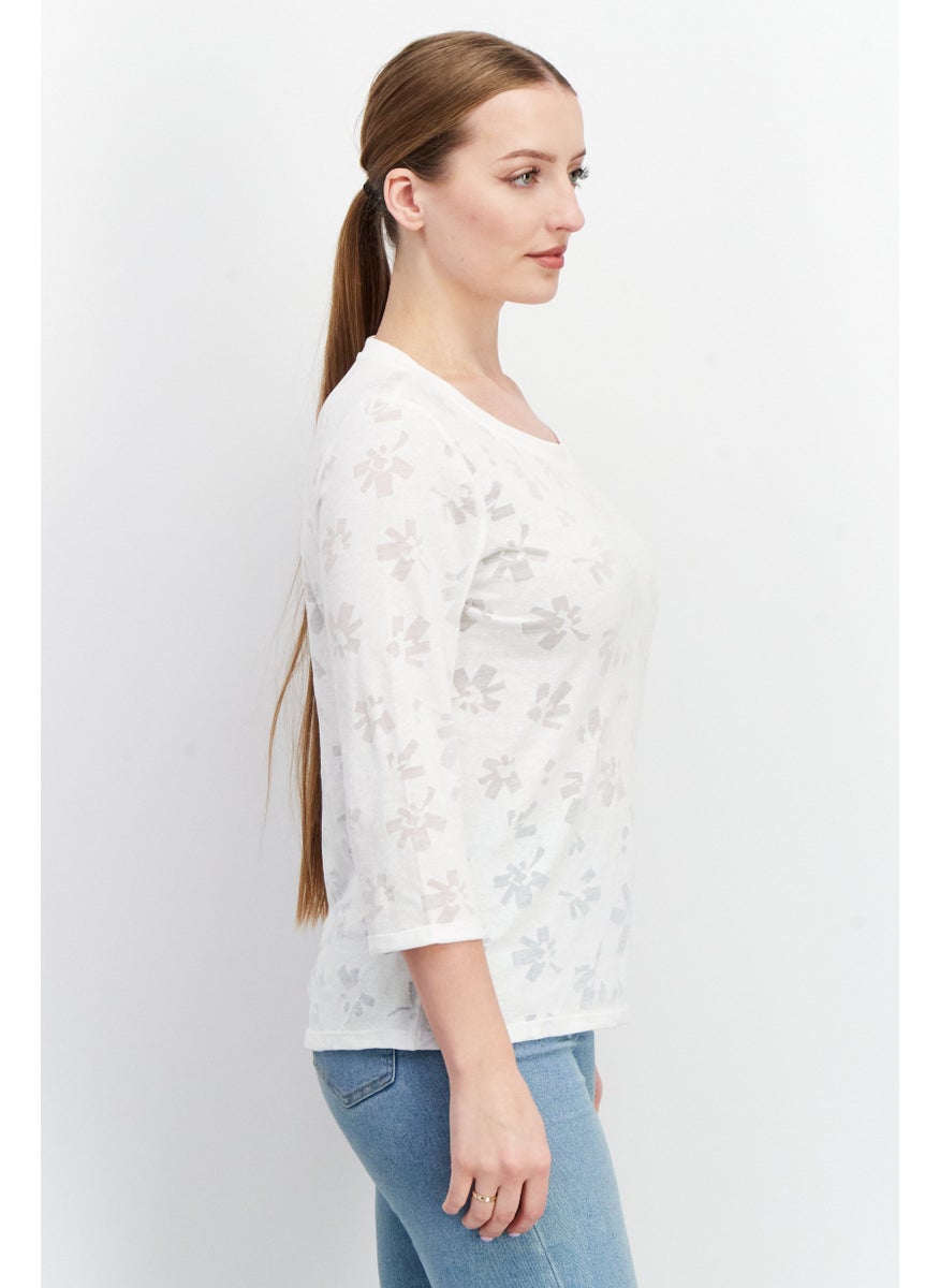 EDC Women Round Neck Long Sleeves Allover Print Top, White  - Image 2