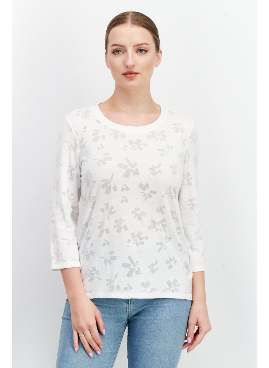 EDC Women Round Neck Long Sleeves Allover Print Top, White  - Image 1