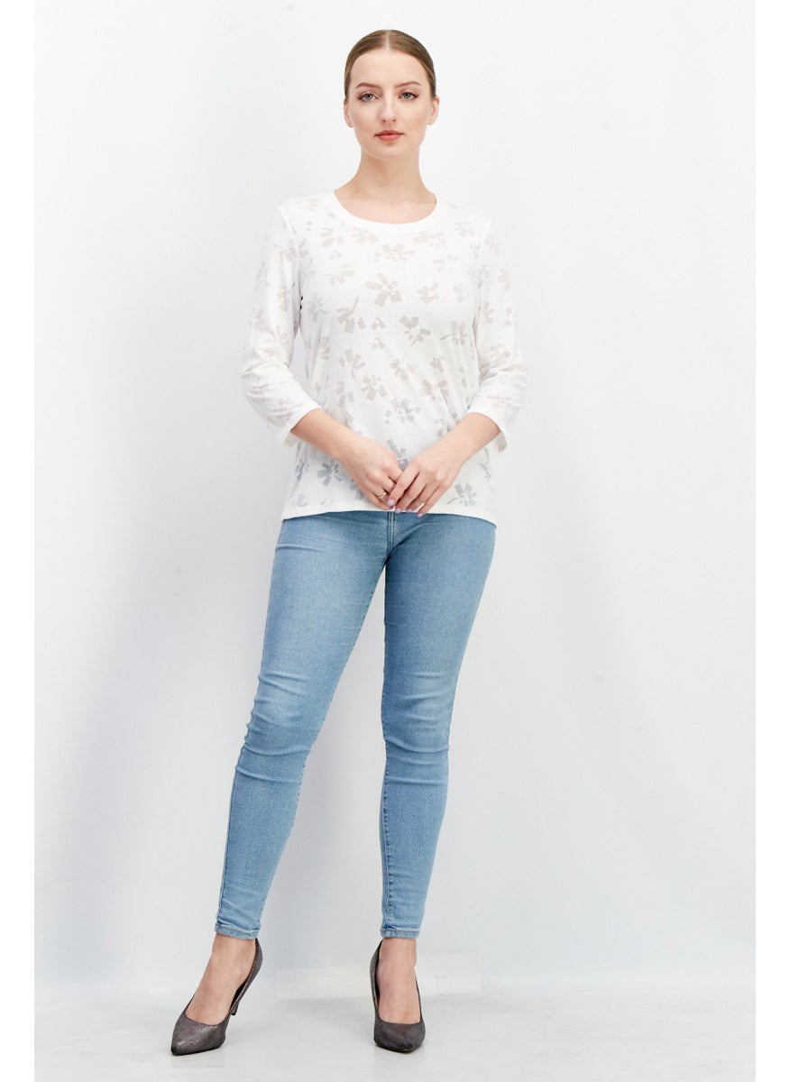 EDC Women Round Neck Long Sleeves Allover Print Top, White  - Image 3