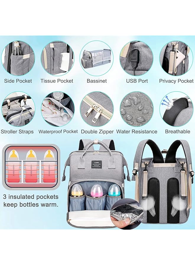 DMG TECH Diaper Bag Backpack Baby Bag With Changing Station & Toy Bar Baby Girl Boy Diaper Bag For Dad Mom Travel Large Capacity 900D Oxford Usb Port 3 Toys Gray - Image 3