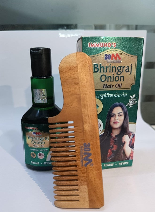 30M Immuno’s Bhringraj Onion Hair Oil with Wooden Comb | Ayurvedic Hair Growth & Scalp Care Combo - Strengthens Roots, Reduces Hair Fall, Shiny, Thick Hair, Controls Dandruff, 100% Natural for Women - 100ml [COMBO PACK] - Image 3