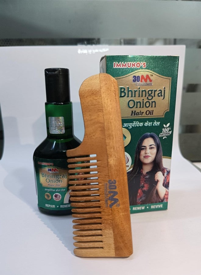 30M Immuno’s Bhringraj Onion Hair Oil with Wooden Comb | Ayurvedic Hair Growth & Scalp Care Combo - Strengthens Roots, Reduces Hair Fall, Shiny, Thick Hair, Controls Dandruff, 100% Natural for Women - 100ml [COMBO PACK] - Image 4
