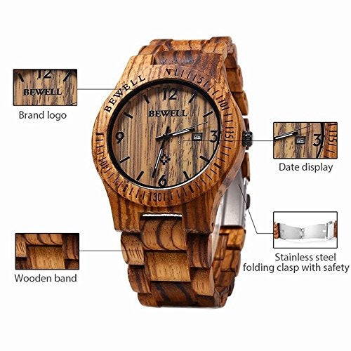 BEWELL Wooden Watch Fashion Handmade Sports Mens Wooden Watch Analog Quartz Lightweight Handmade Wood Wrist Watch - Image 4