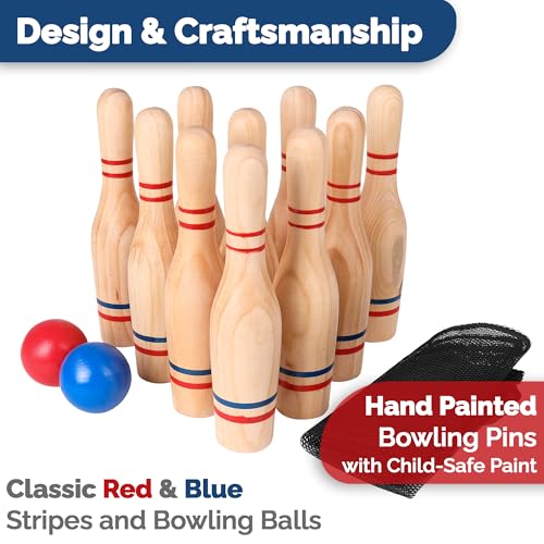 STERLING Sports Premium Wooden Lawn Bowling Skittles Set 11" Pins with Carrying Mesh Bag - 10 Heavy Solid Wooden Pins and 2 Balls - for Indoors and Outdoors - Image 3