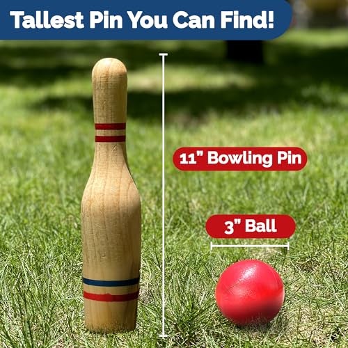 STERLING Sports Premium Wooden Lawn Bowling Skittles Set 11" Pins with Carrying Mesh Bag - 10 Heavy Solid Wooden Pins and 2 Balls - for Indoors and Outdoors - Image 2