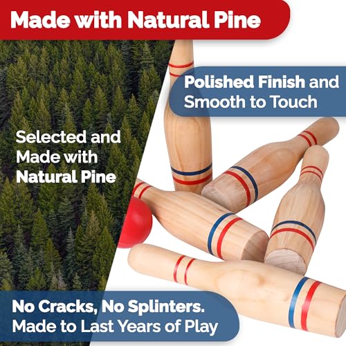 STERLING Sports Premium Wooden Lawn Bowling Skittles Set 11" Pins with Carrying Mesh Bag - 10 Heavy Solid Wooden Pins and 2 Balls - for Indoors and Outdoors - Image 4