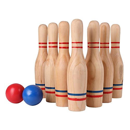 STERLING Sports Premium Wooden Lawn Bowling Skittles Set 11" Pins with Carrying Mesh Bag - 10 Heavy Solid Wooden Pins and 2 Balls - for Indoors and Outdoors - Image 1