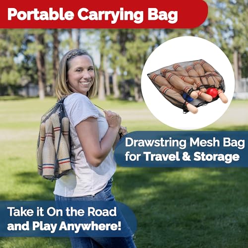 STERLING Sports Premium Wooden Lawn Bowling Skittles Set 11" Pins with Carrying Mesh Bag - 10 Heavy Solid Wooden Pins and 2 Balls - for Indoors and Outdoors - Image 5