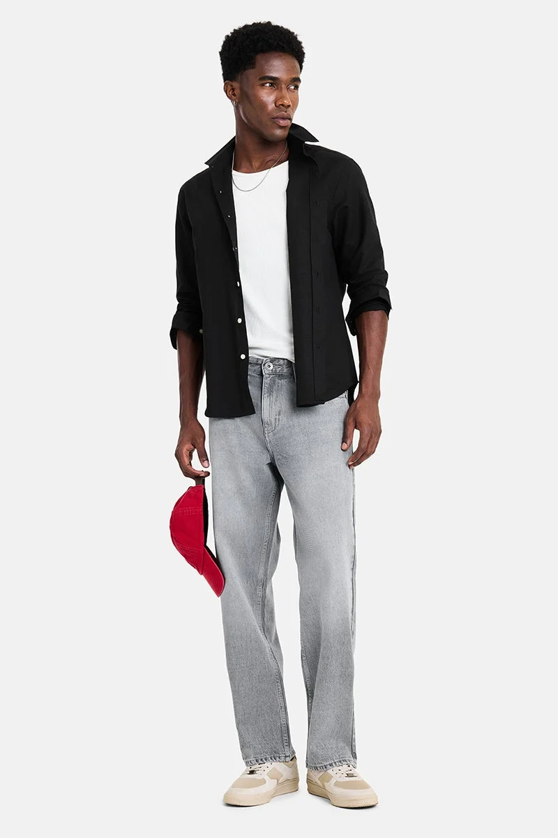 سنيتش Black Solid Long Sleeve Regular Fit Vacation Shirt