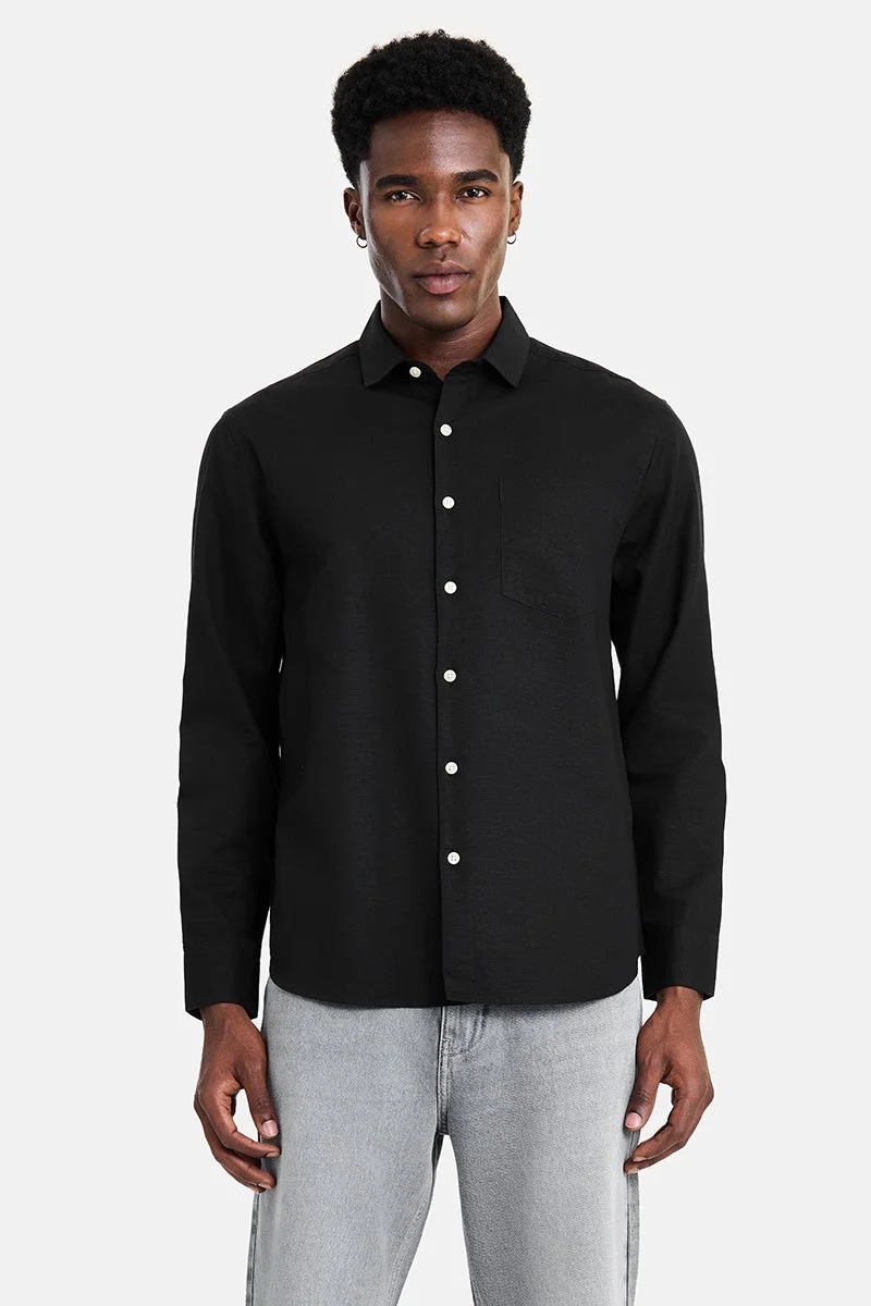 سنيتش Black Solid Long Sleeve Regular Fit Vacation Shirt