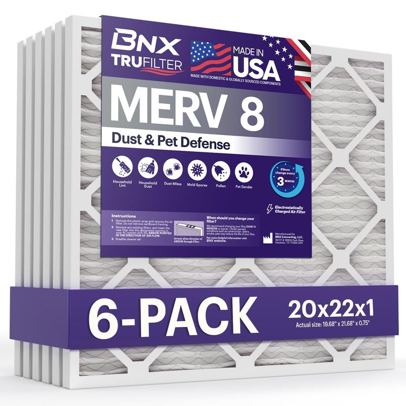 BNX TruFilter 20x22x1 Air Filter MERV 8 6Pack MADE IN USA Dust Pet Defense Electrostatic Pleated Air Conditioner HVAC AC Furnace Filters for Dust Pet Mold Pollen MPR 600 700 FPR 5