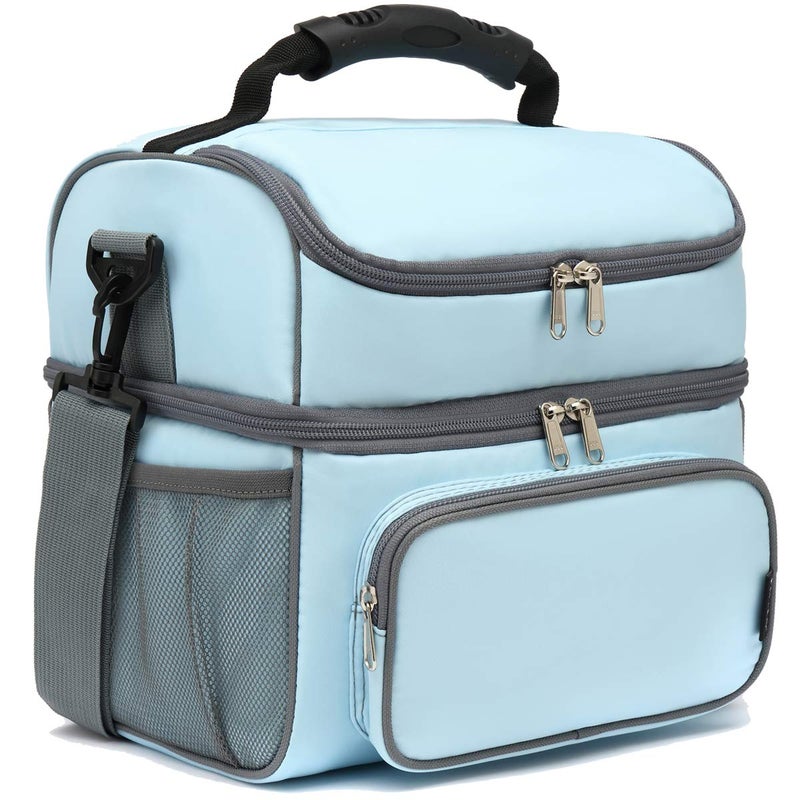 FlowFly Double Layer Cooler Insulated Lunch Bag Adult Lunch Box Large Tote Bag for Men Women With Adjustable StrapFront Pocket and Dual Large Mesh Side PocketsLight Sky Blue
