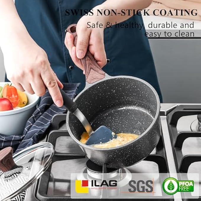 سنسارتي قدر صلصة غير لاصق مع غطاء، وعاء صلصة صغير سعة 2 لتر مع طلاء من الجرانيت السويسري، مقبض StayCool، قدر صلصة صغير متعدد الأغراض، قابل للحث، خالٍ من حمض بيرفلورو الأوكتانويك، 18 سم - Image 2