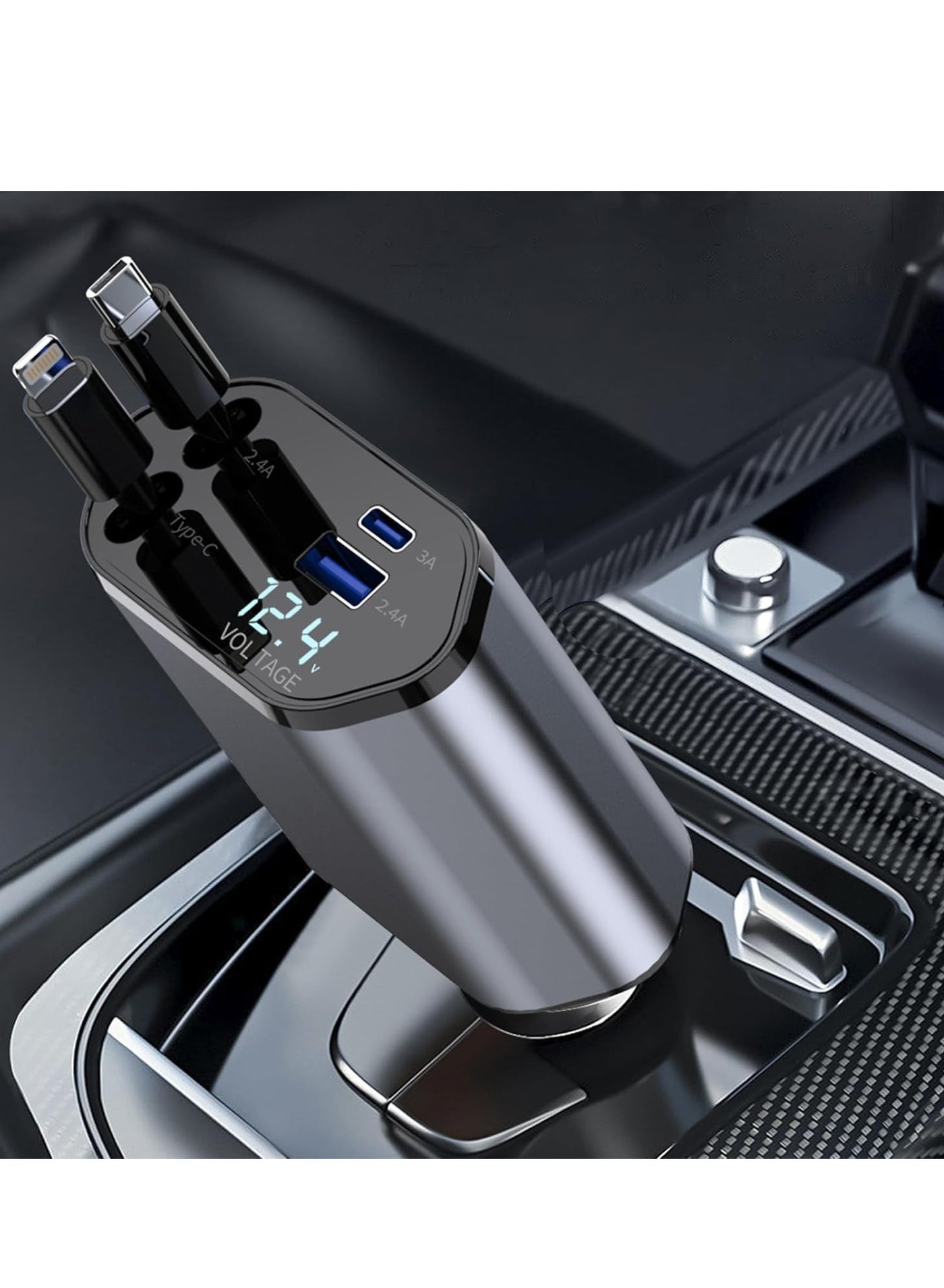 Retractable Car Charger 4 in 1 Fast Car Phone Charger 100W with Cord 2.6ft Retractable Cable and 2 USB Ports Car Charger Adapter for iPhone 15 14 13 12 Pro Max Galaxy S23