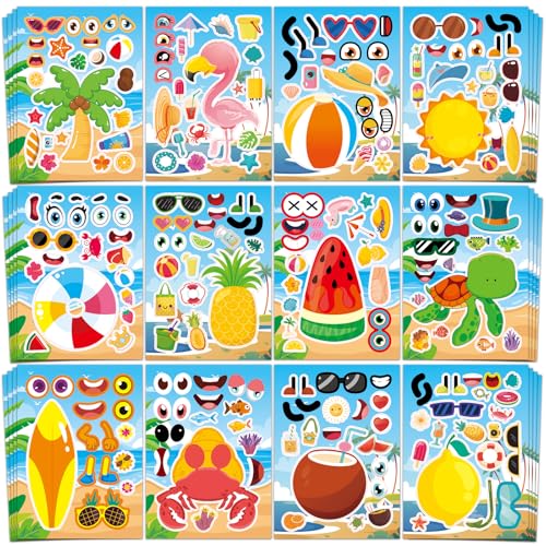 Aowplc 48 Sheets Summer Fun MakeaFace Sticker Set for Kids Create Your Own Faces with Beach Tropical Animal Stickers Ideal Summer Crafts Party Favors Creative Activities - Image 1