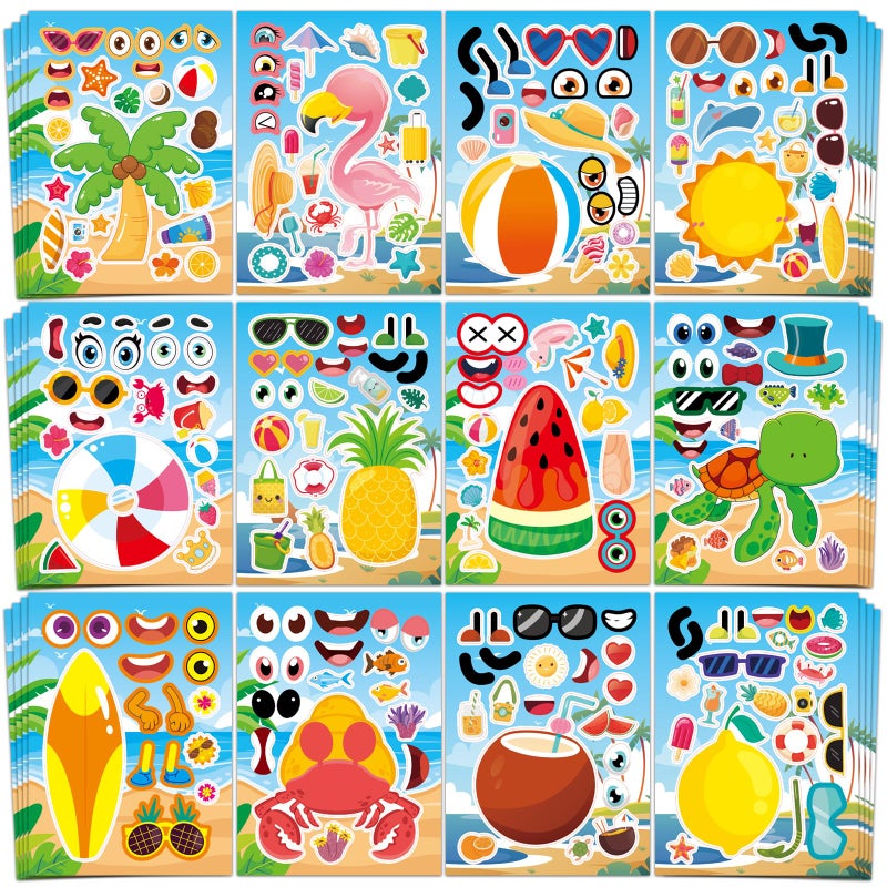 Aowplc 48 Sheets Summer Fun MakeaFace Sticker Set for Kids Create Your Own Faces with Beach Tropical Animal Stickers Ideal Summer Crafts Party Favors Creative Activities - Image 2