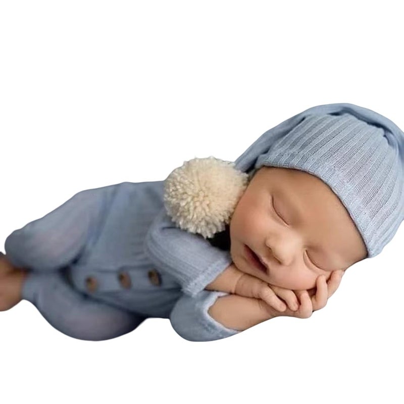 Vedory Newborn Baby Photo Shoot Props Girl Boy Crochet Knit Hat Costume Stripe Hat Pants Overalls Photography Props Baby blue