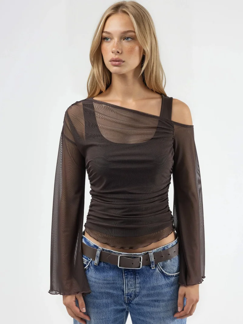 Hiccup Dark Mocha Brown Asymmetrical Collar Fitted Crop Top for Women | Best Price UAE