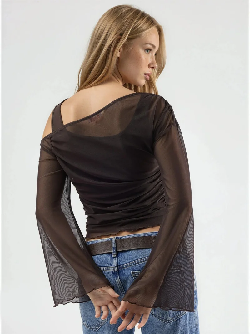 Hiccup Dark Mocha Brown Asymmetrical Collar Fitted Crop Top for Women | Best Price UAE