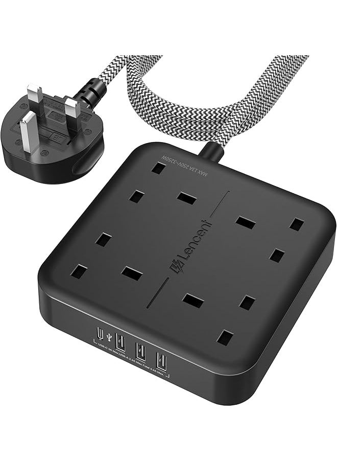 Lencent LENCENT Extension Lead with USB C Port, 4 Way Outlets Power Strip with 4 USB Ports (3.4A, 1 Type C and 3 USB-A Ports) Multi Plug Charging with 1.8M Braided Extension cord for Home Office- Black  - Image 1