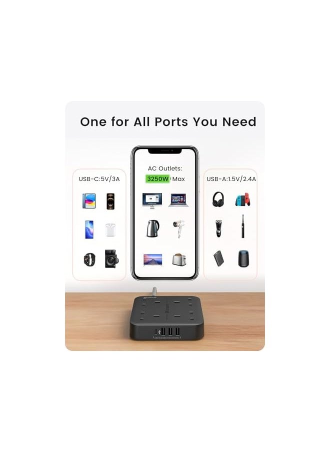 Lencent LENCENT Extension Lead with USB C Port, 4 Way Outlets Power Strip with 4 USB Ports (3.4A, 1 Type C and 3 USB-A Ports) Multi Plug Charging with 1.8M Braided Extension cord for Home Office- Black  - Image 5