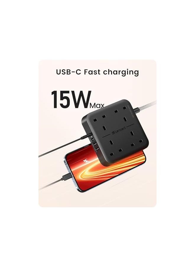 Lencent LENCENT Extension Lead with USB C Port, 4 Way Outlets Power Strip with 4 USB Ports (3.4A, 1 Type C and 3 USB-A Ports) Multi Plug Charging with 1.8M Braided Extension cord for Home Office- Black  - Image 3