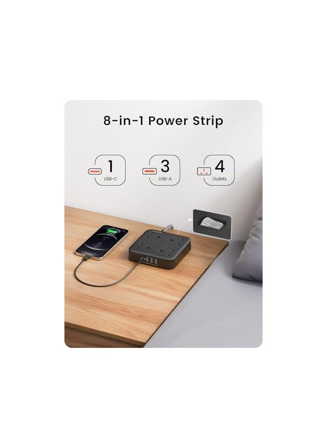 Lencent LENCENT Extension Lead with USB C Port, 4 Way Outlets Power Strip with 4 USB Ports (3.4A, 1 Type C and 3 USB-A Ports) Multi Plug Charging with 1.8M Braided Extension cord for Home Office- Black  - Image 2