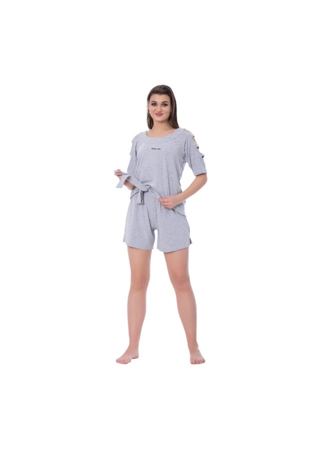 ZECOTEX Women's Cotton Pajama Set - Cold Shoulder Top & Shorts - Ultra-Soft Grey Melange Sleepwear